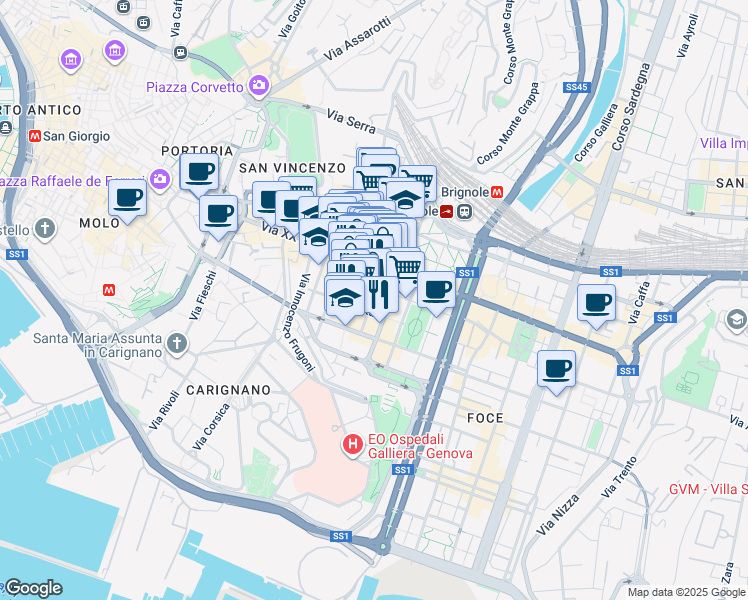 map of restaurants, bars, coffee shops, grocery stores, and more near 38 Via Granello in Genova