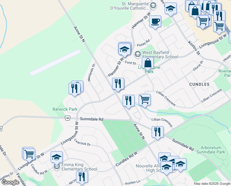 map of restaurants, bars, coffee shops, grocery stores, and more near Livingstone Street West in Barrie