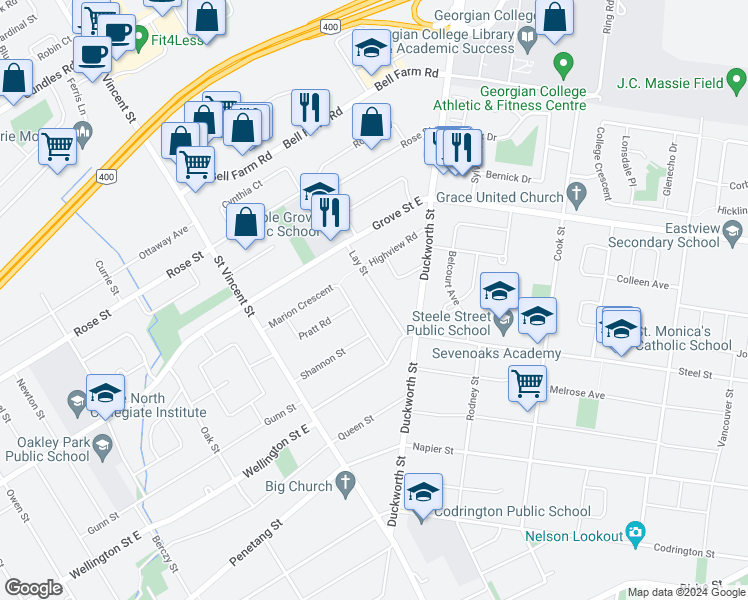 map of restaurants, bars, coffee shops, grocery stores, and more near 22 Lay Street in Barrie
