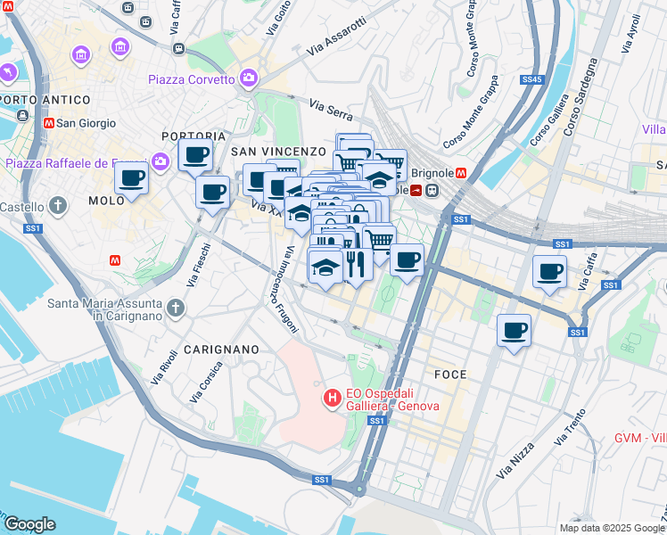 map of restaurants, bars, coffee shops, grocery stores, and more near 34-38 Via Granello in Genova