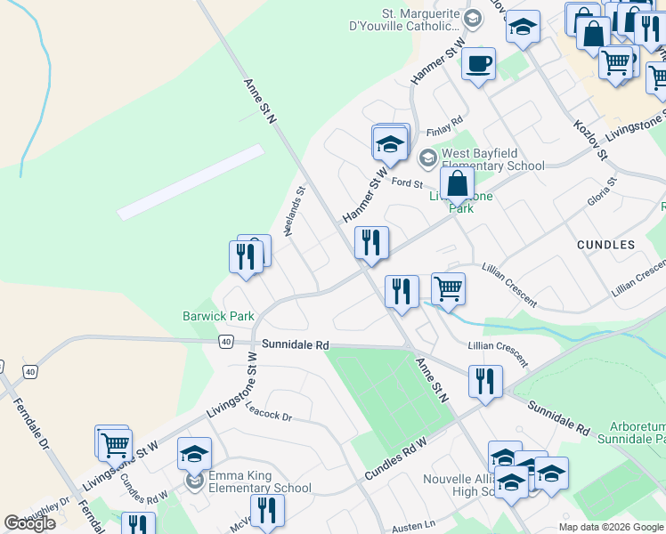 map of restaurants, bars, coffee shops, grocery stores, and more near 11 Penton Drive in Barrie