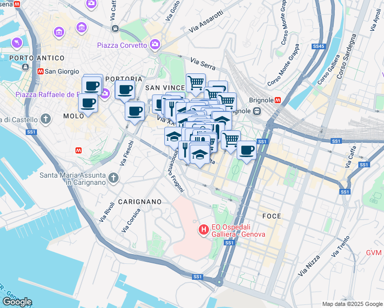 map of restaurants, bars, coffee shops, grocery stores, and more near Via Francesco Ponte in Genova