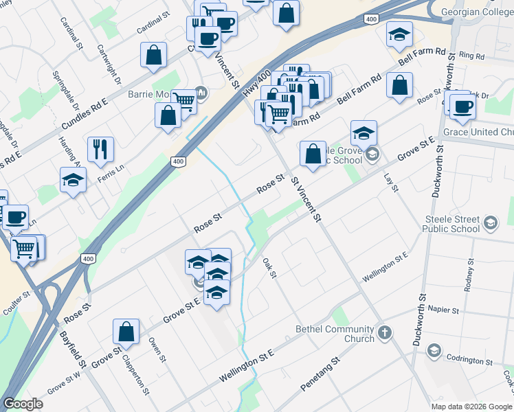 map of restaurants, bars, coffee shops, grocery stores, and more near 24 Laurie Crescent in Barrie