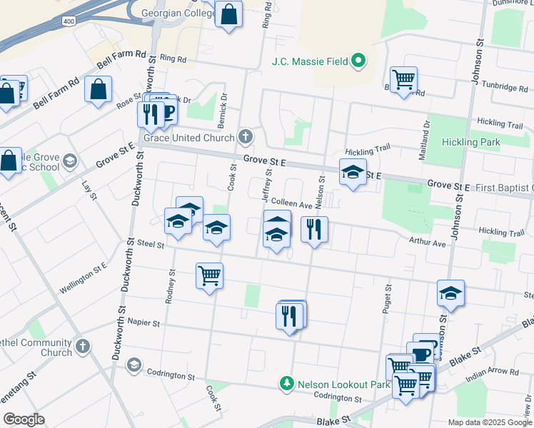 map of restaurants, bars, coffee shops, grocery stores, and more near 29 Jeffrey Street in Barrie