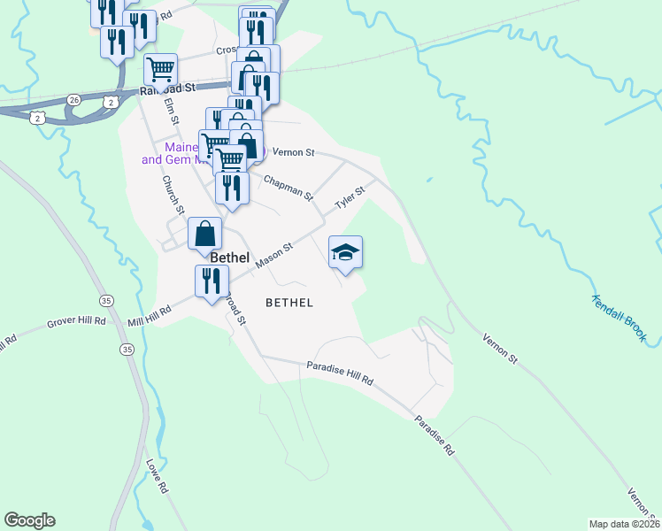 map of restaurants, bars, coffee shops, grocery stores, and more near 19 Crescent Lane in Bethel