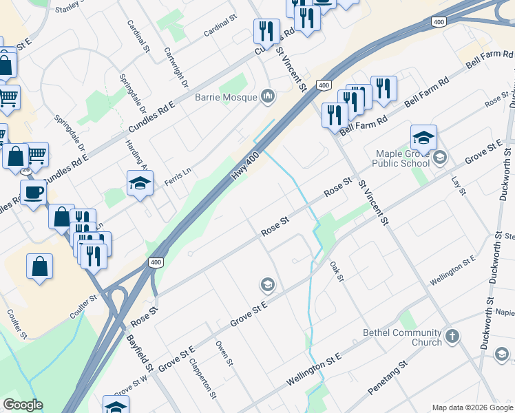map of restaurants, bars, coffee shops, grocery stores, and more near 48 Ottaway Avenue in Barrie