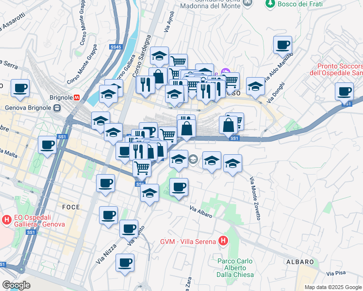 map of restaurants, bars, coffee shops, grocery stores, and more near 12 Via Francesco Dassori in Genova