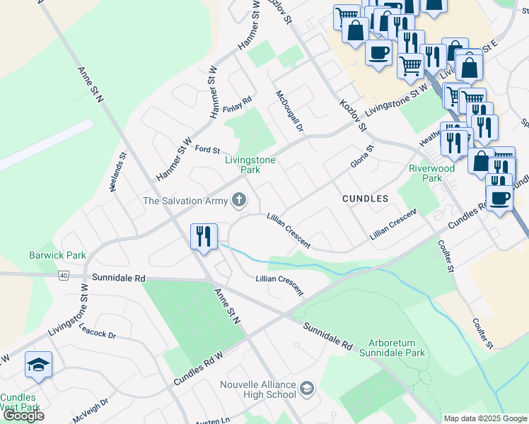map of restaurants, bars, coffee shops, grocery stores, and more near in Barrie