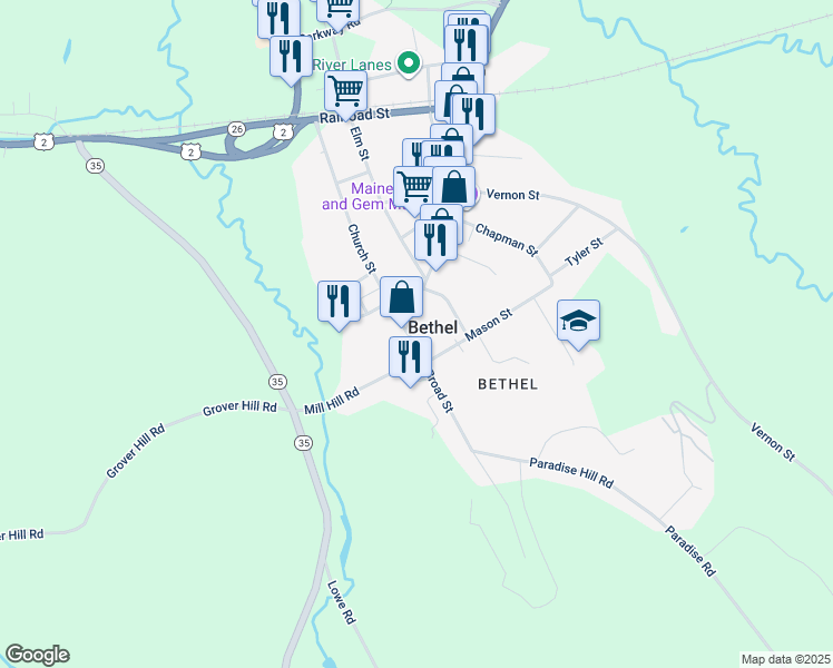 map of restaurants, bars, coffee shops, grocery stores, and more near 3 Main Street in Bethel