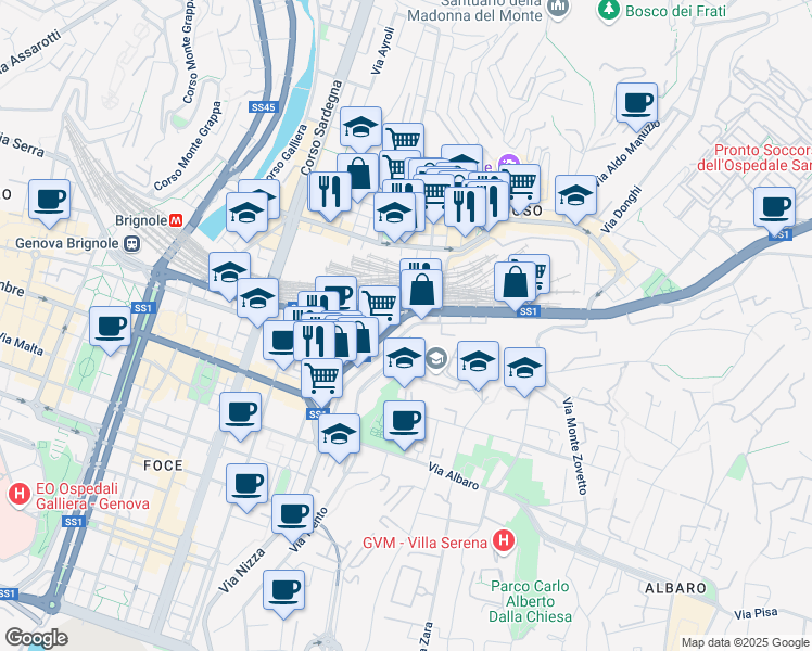 map of restaurants, bars, coffee shops, grocery stores, and more near 12 Via Francesco Dassori in Genova