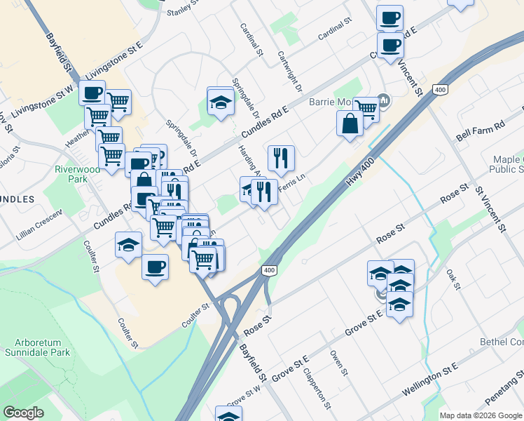 map of restaurants, bars, coffee shops, grocery stores, and more near 63 Ferris Lane in Barrie