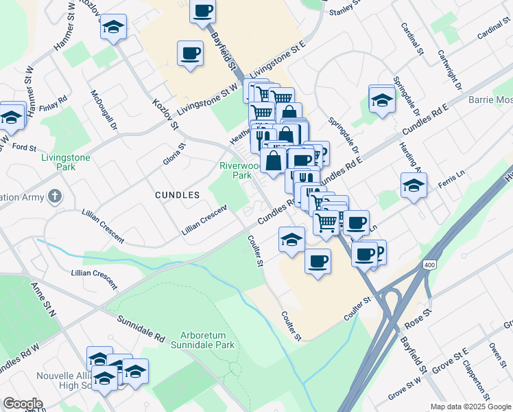map of restaurants, bars, coffee shops, grocery stores, and more near 2 Kozlov Street in Barrie