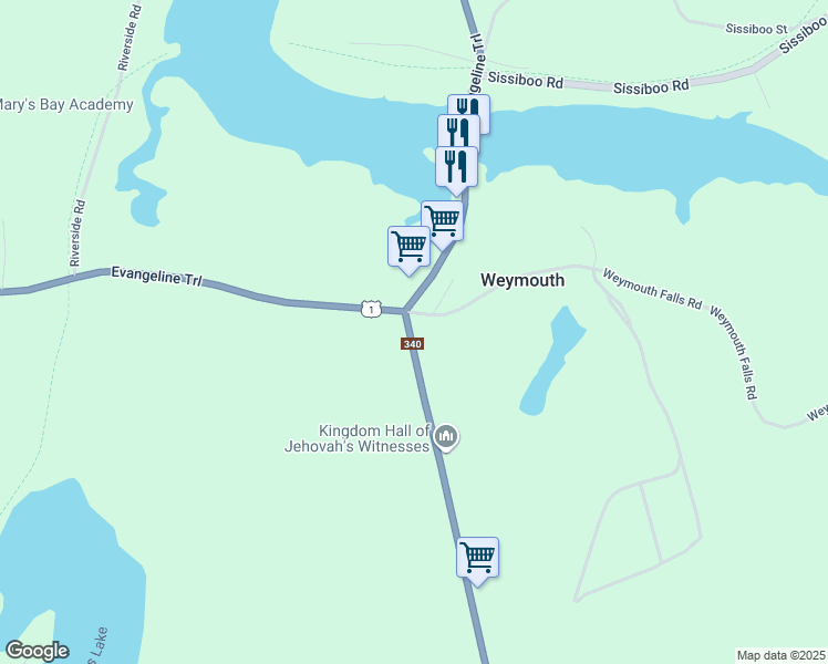 map of restaurants, bars, coffee shops, grocery stores, and more near 7498 Nova Scotia 340 in Weymouth