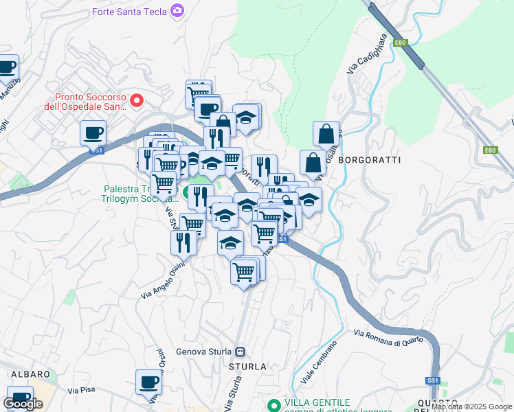 map of restaurants, bars, coffee shops, grocery stores, and more near 318 Corso Europa in Genova