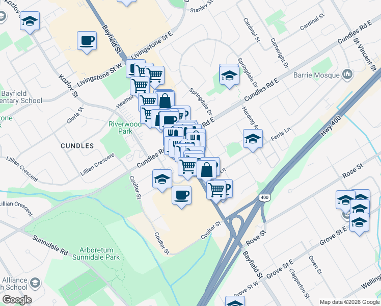 map of restaurants, bars, coffee shops, grocery stores, and more near 355 Bayfield Street in Barrie