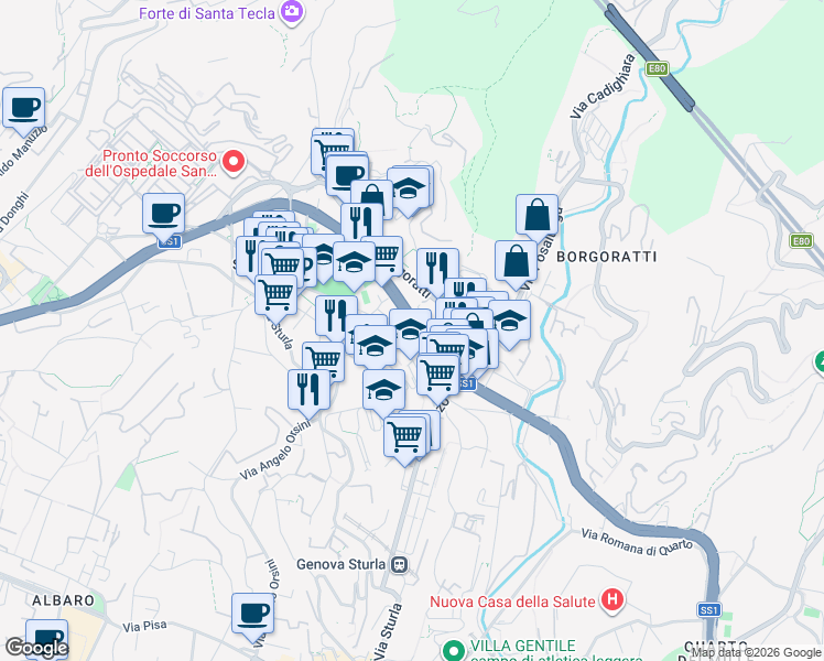map of restaurants, bars, coffee shops, grocery stores, and more near 318 Corso Europa in Genoa