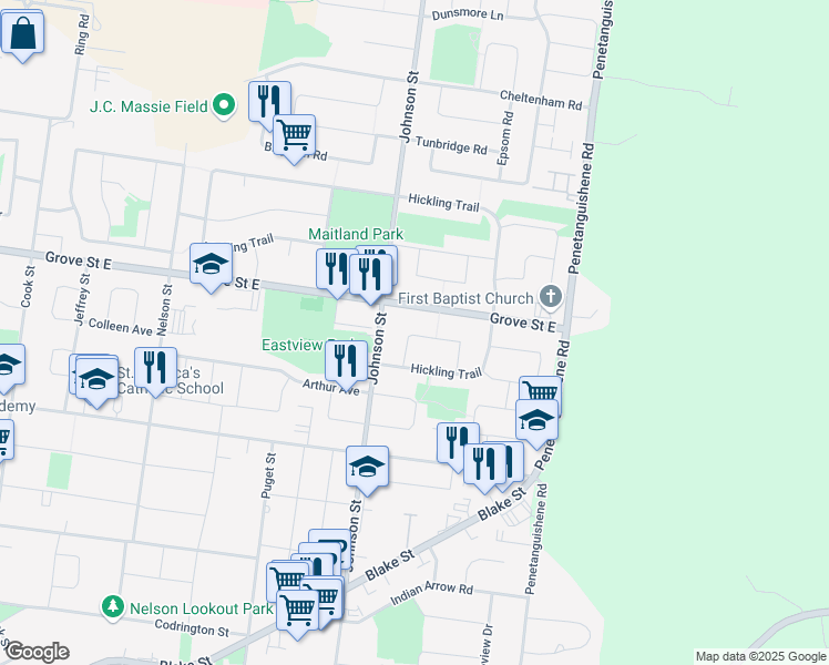 map of restaurants, bars, coffee shops, grocery stores, and more near 24 Carruthers Crescent in Barrie