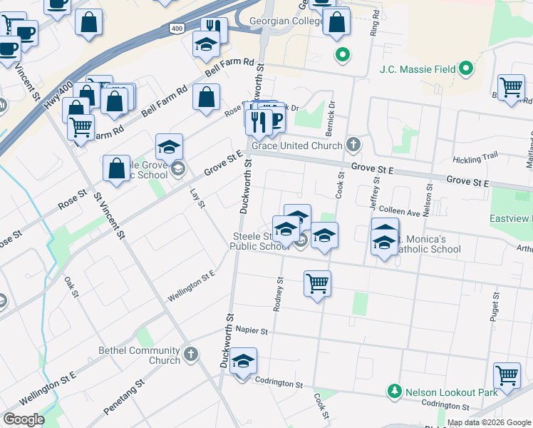 map of restaurants, bars, coffee shops, grocery stores, and more near 21 Belcourt Avenue in Barrie