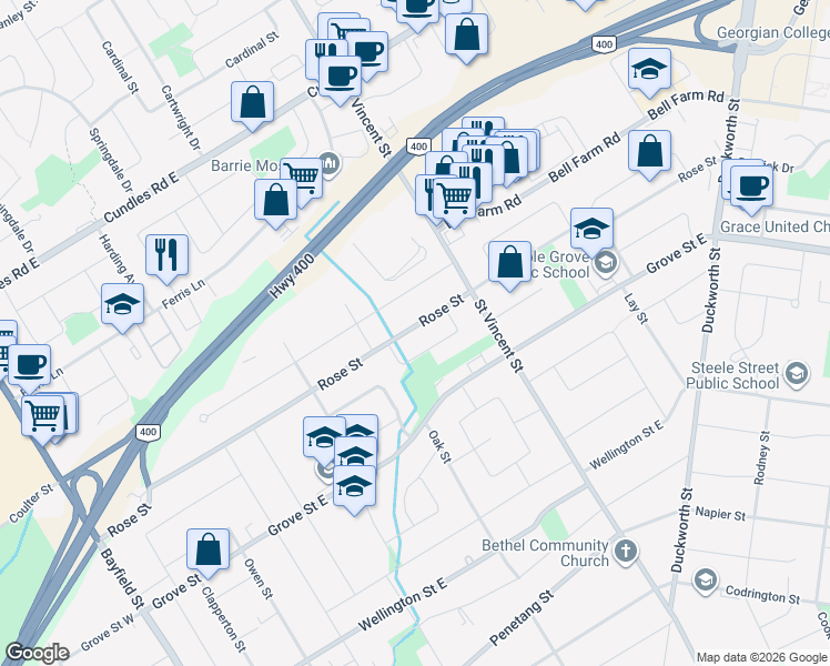 map of restaurants, bars, coffee shops, grocery stores, and more near 133 Rose Street in Barrie