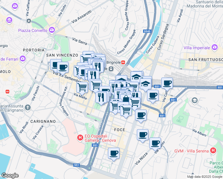 map of restaurants, bars, coffee shops, grocery stores, and more near 2009 Viale Emanuele Filiberto Duca d'Aosta in Genova