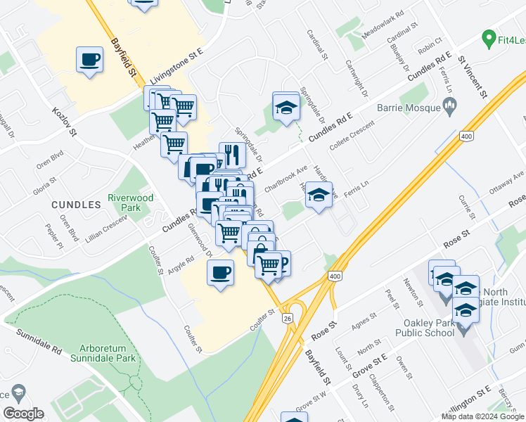 map of restaurants, bars, coffee shops, grocery stores, and more near 33 Carlton Road in Barrie