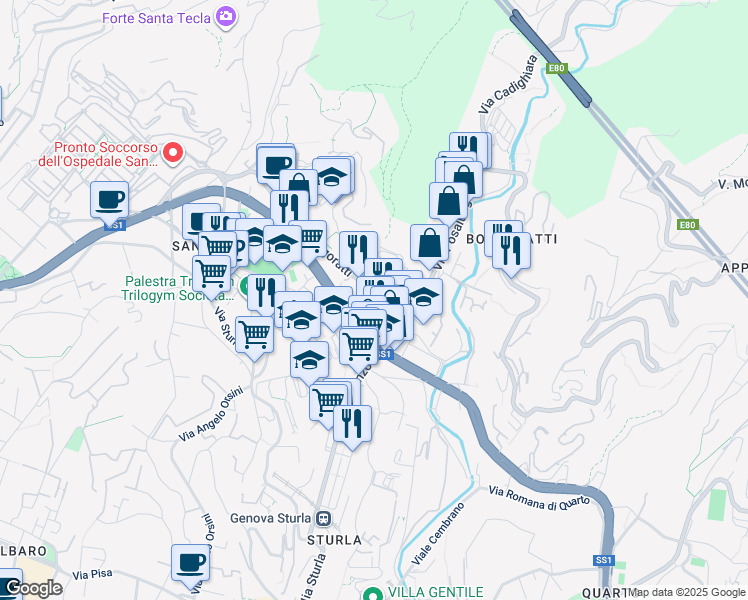 map of restaurants, bars, coffee shops, grocery stores, and more near 123 Via Borgoratti in Genoa