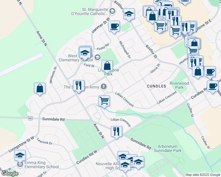 map of restaurants, bars, coffee shops, grocery stores, and more near 6 Ford Street in Barrie