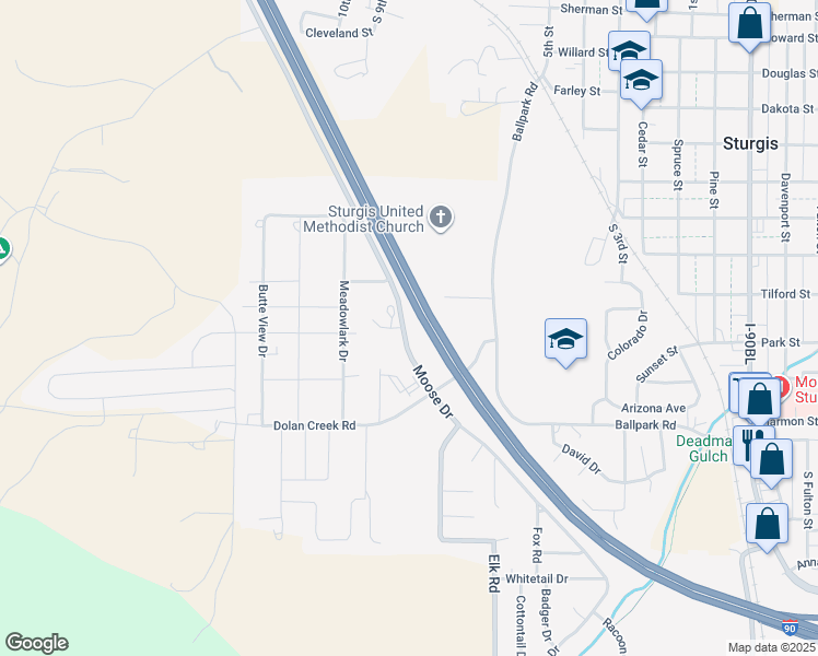 map of restaurants, bars, coffee shops, grocery stores, and more near Moose Drive in Sturgis
