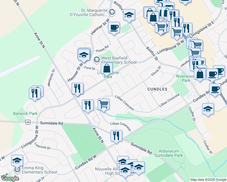 map of restaurants, bars, coffee shops, grocery stores, and more near 6 Ford Street in Barrie