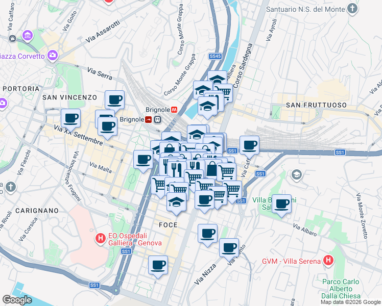 map of restaurants, bars, coffee shops, grocery stores, and more near 38 Via Giovanni Tomaso Invrea in Genoa