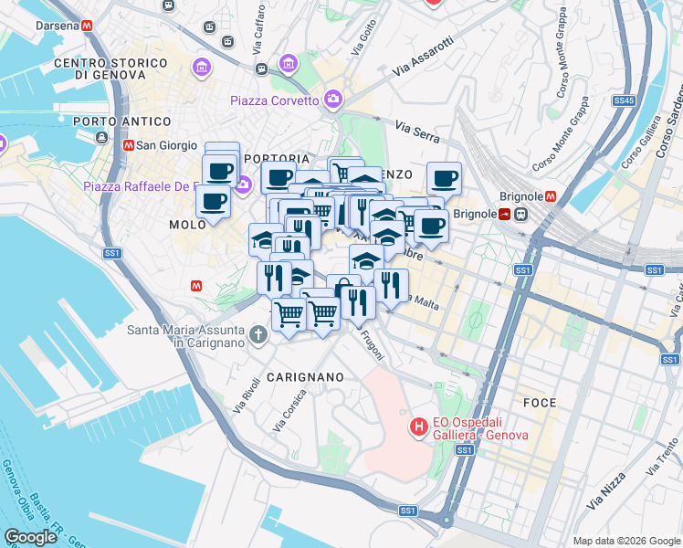 map of restaurants, bars, coffee shops, grocery stores, and more near Galleria Cristoforo Colombo in Genova