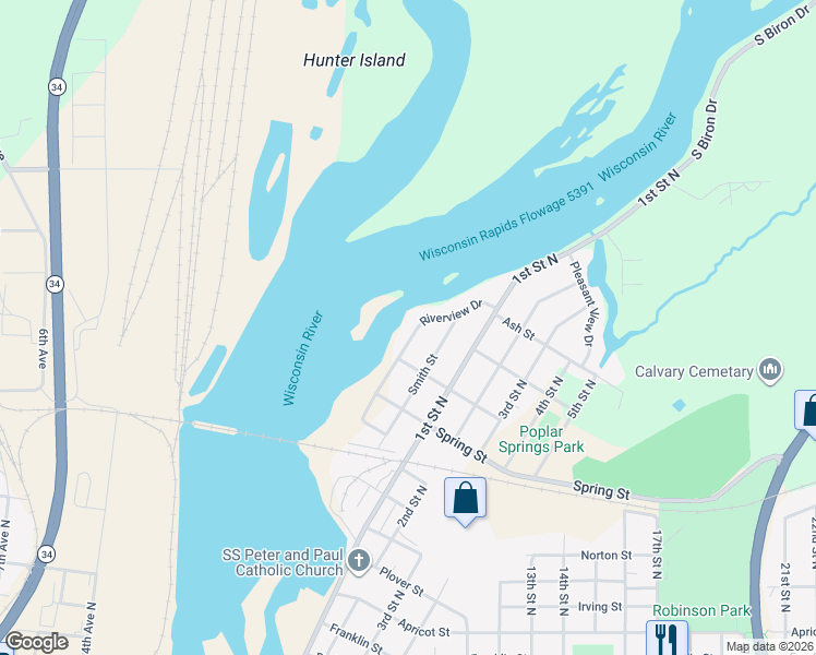map of restaurants, bars, coffee shops, grocery stores, and more near 1751 Riverview Drive in Wisconsin Rapids