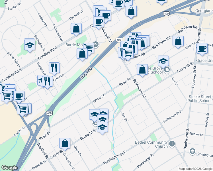 map of restaurants, bars, coffee shops, grocery stores, and more near 65 Ottaway Avenue in Barrie