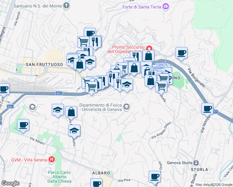 map of restaurants, bars, coffee shops, grocery stores, and more near 25 Via San Martino in Genova