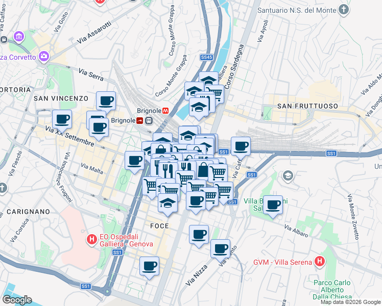map of restaurants, bars, coffee shops, grocery stores, and more near 38 Via Giovanni Tomaso Invrea in Genoa