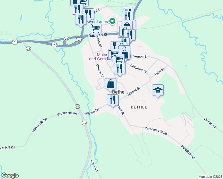 map of restaurants, bars, coffee shops, grocery stores, and more near 3 Main Street in Unorganized Territory of South Oxford