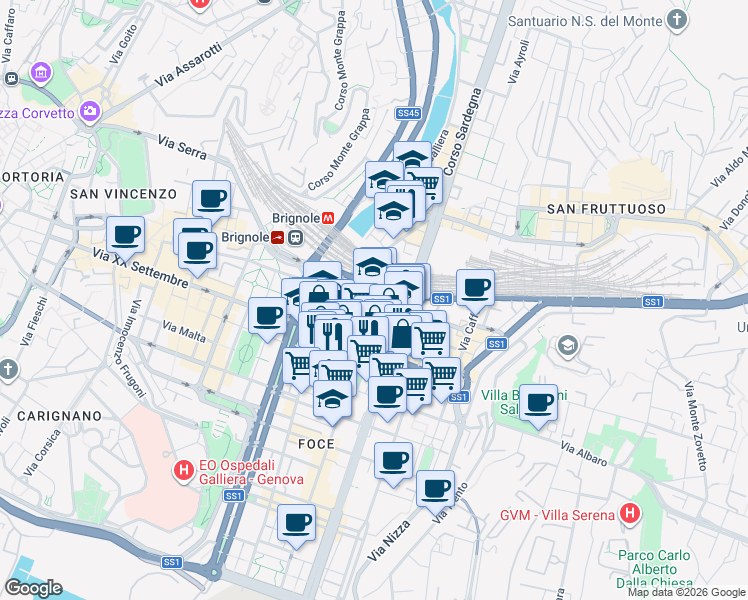map of restaurants, bars, coffee shops, grocery stores, and more near 38 Via Giovanni Tommaso Invrea in Genova