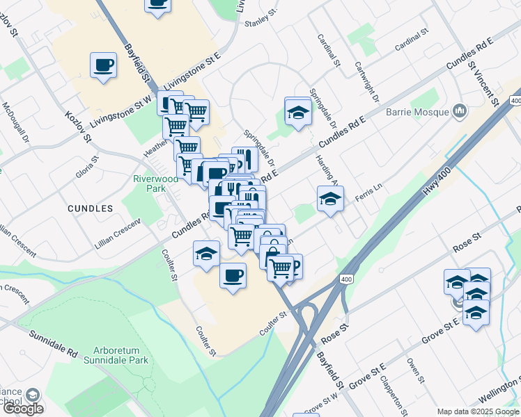 map of restaurants, bars, coffee shops, grocery stores, and more near 18 Carlton Road in Barrie