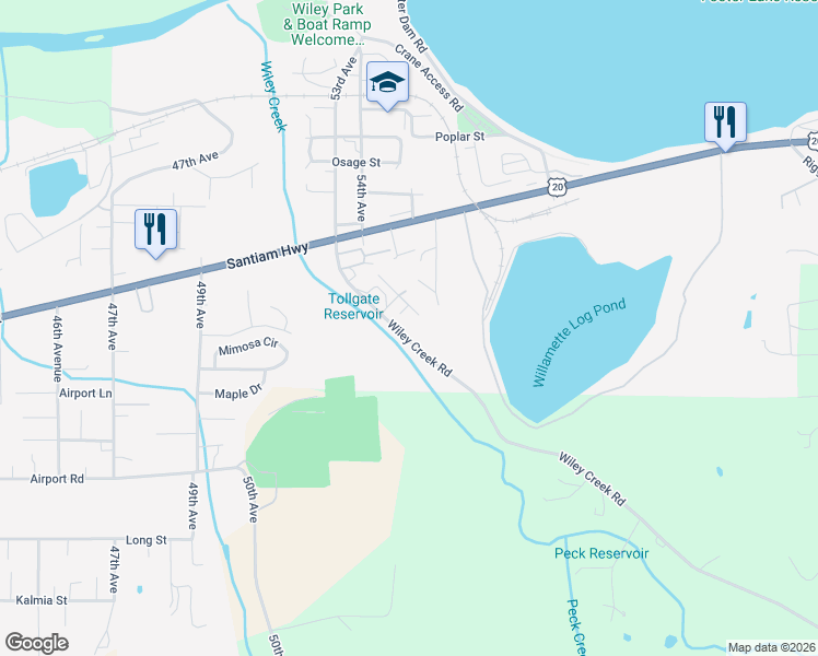 map of restaurants, bars, coffee shops, grocery stores, and more near 1061 Wiley Creek Road in Sweet Home