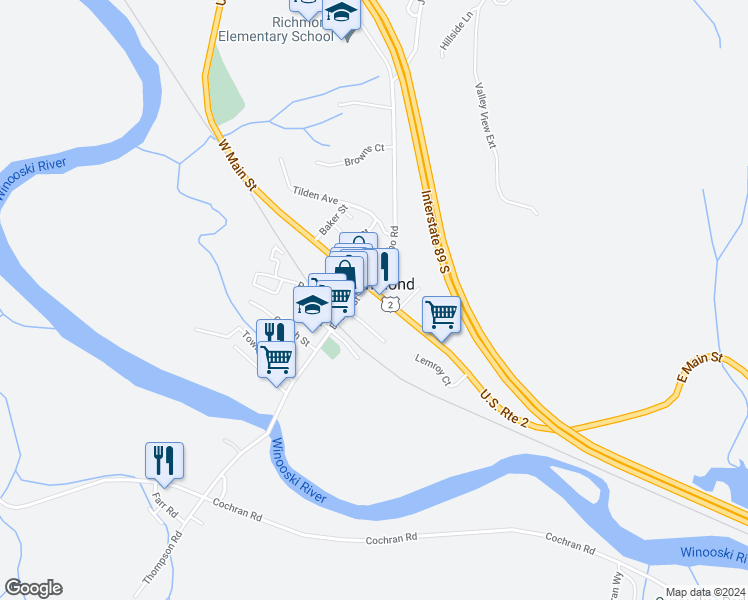 map of restaurants, bars, coffee shops, grocery stores, and more near 45 Bridge Street in Richmond