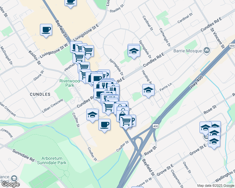 map of restaurants, bars, coffee shops, grocery stores, and more near in Barrie
