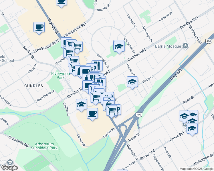 map of restaurants, bars, coffee shops, grocery stores, and more near in Barrie