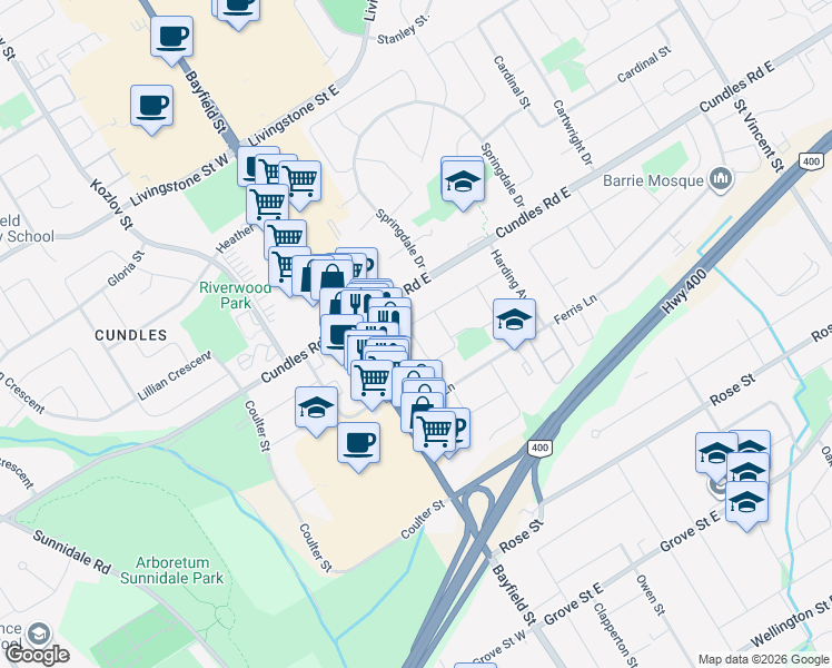 map of restaurants, bars, coffee shops, grocery stores, and more near 23 Carlton Road in Barrie