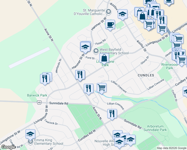map of restaurants, bars, coffee shops, grocery stores, and more near 153 Livingstone Street West in Barrie