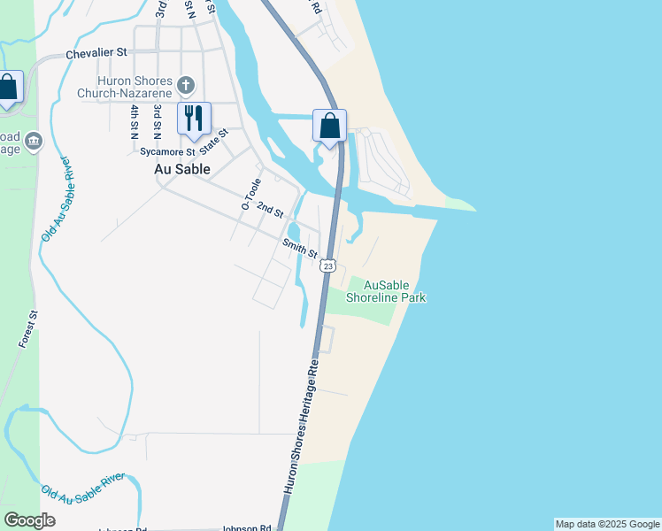 map of restaurants, bars, coffee shops, grocery stores, and more near 5280 North Huron Road in Oscoda