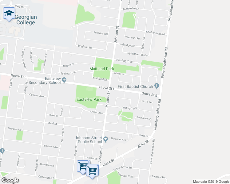 map of restaurants, bars, coffee shops, grocery stores, and more near 497 Grove Street East in Barrie