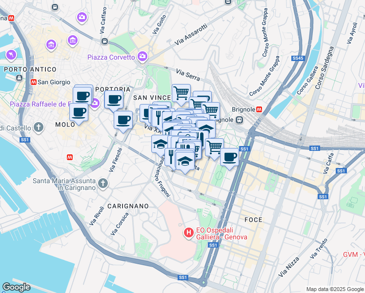 map of restaurants, bars, coffee shops, grocery stores, and more near Via Francesco Ponte in Genova