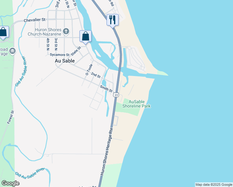 map of restaurants, bars, coffee shops, grocery stores, and more near 5280 North Huron Road in Oscoda