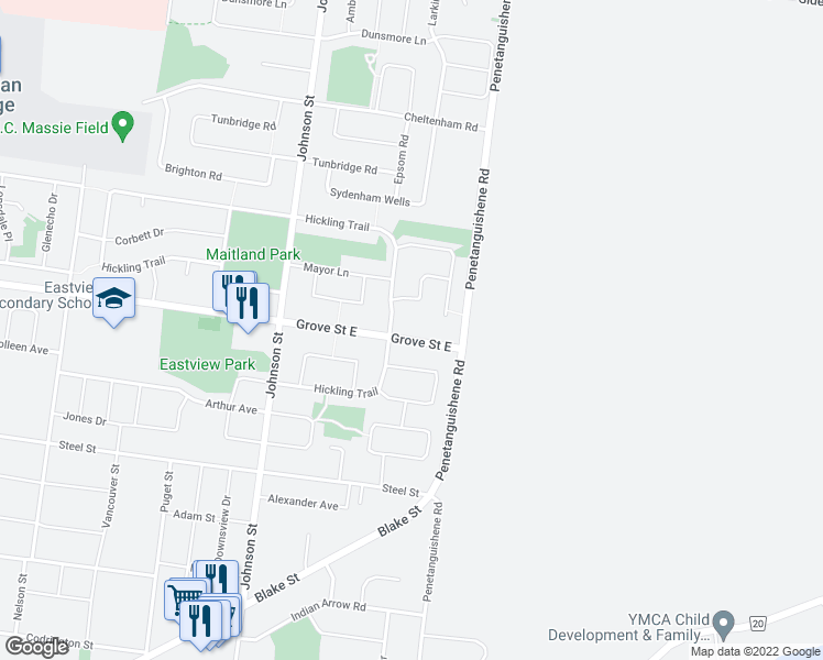 map of restaurants, bars, coffee shops, grocery stores, and more near 542 Grove Street East in Barrie