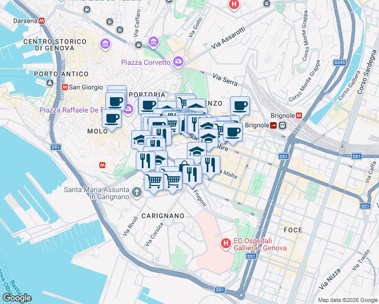 map of restaurants, bars, coffee shops, grocery stores, and more near Galleria Colombo Cristoforo in Genoa